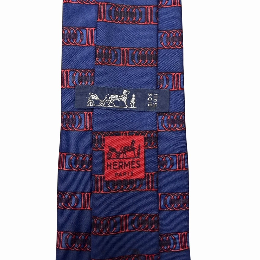 Hermes Mens Tie Geometric Chains Blue/Red Silk 887 PA 3.25" (W) x 58.25" (L) guc